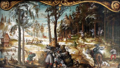 Alemão: Dois painéis de uma série de imagens da vida no campo: Caça à raposa e ao veado no inverno Caça à raposa e ao veado no inverno de Hans Wertinger