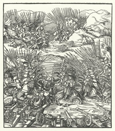 Batalha entre os exércitos franceses e venezianos durante a Guerra da Liga de Cambrai, 1509 de Hans after Burgkmair