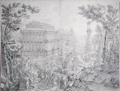 O Mausoléu de Halicarnassus (caneta e tinta e aguarela) de Hans or Jan Vredeman de Vries