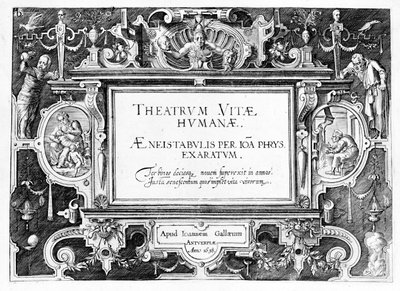 Página de rosto de &39;Theatrum Vitae Humanae&39;, gravado por Johannes Wierix (1549-c.1618) reimpresso em 1638 de Hans or Jan Vredeman de Vries