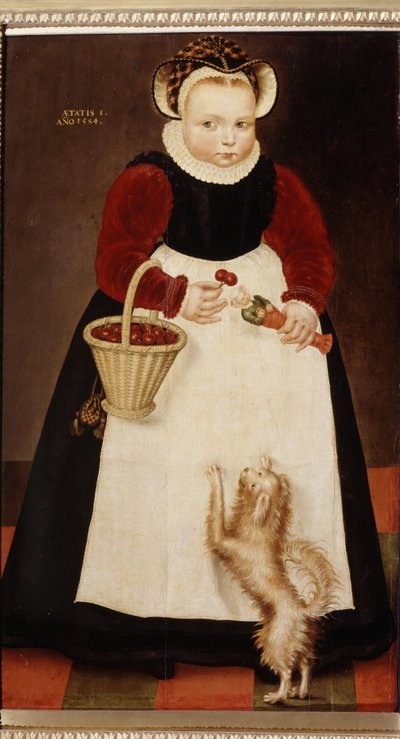 ""Retrato de uma menina segurando uma cesta de cerejas e uma bonequinha"" (Retrato de uma menina) Ela usa uma coleira de morango Pintura de Hans Bock, o Velho (por volta de 1550-1623) 1584 Museu Pushkin, Moscou de Hans the Elder Bock