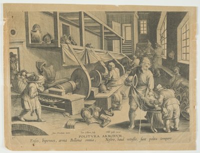 Politura Armorum, Polishing Arms, gravura 17 da série Nova Reperta, Modern Discoveries, c.1588 (gravura) de Hans the younger Collaert