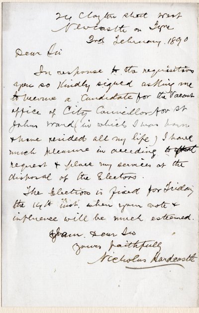 Carta de Nicholas Hardcastle aceitando convite para se apresentar como conselheiro municipal para St John