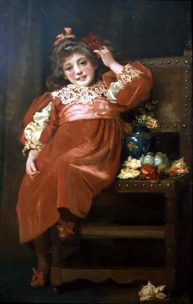 Um retrato a todo o comprimento de uma jovem bonita com um vestido vermelho, reclinada numa cadeira. de Hariette Sutcliffe