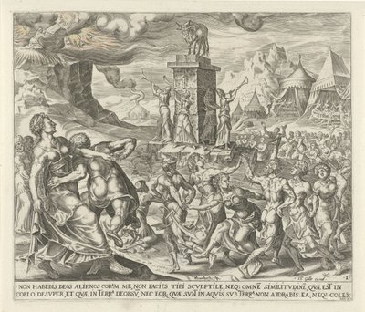 Os israelitas dançam ao redor do bezerro de ouro Não terás outros deuses diante de mim Os Dez Mandamentos (título da série) de Harmen Jansz Muller