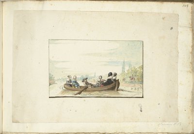 Companhia de seis pessoas em um barco no Zwolle singel de Harmen ter Borch