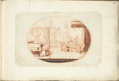 Interior da cozinha com duas mulheres e um gato, em oval de Harmen ter Borch