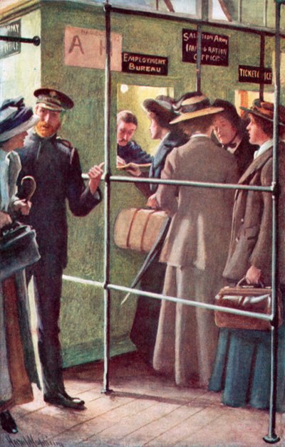 Chegada a Quebec de uma festa de mulheres imigrantes conduzida pelo Exército de Salvação de Harold Copping