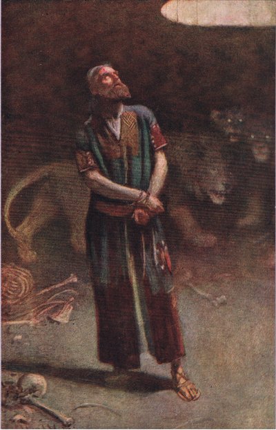 Daniel na cova de leões, ilustração de imagens que ensinam a série de coroa, 1920 de Harold Copping
