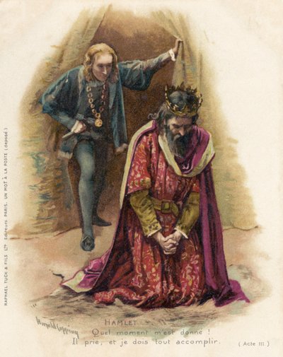 Hamlet confronta o culpado Cláudio de Harold Copping