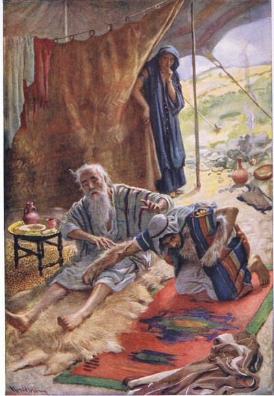 Isaac abençoando seu filho Jacob, ilustração de imagens que ensinam a série de coroa, 1920 de Harold Copping