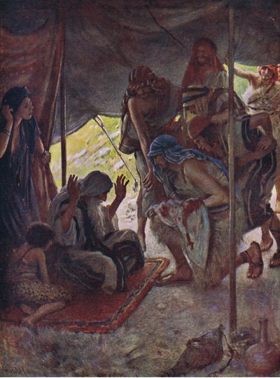 Casaco de José trazido a Jacó, ilustração de imagens que ensinam a série da coroa, 1920 de Harold Copping