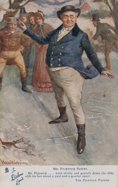 Sr. Pickwick deslizando no gelo, cena do romance de Charles Dickens The Pickwick Papers (cor litho) de Harold Copping