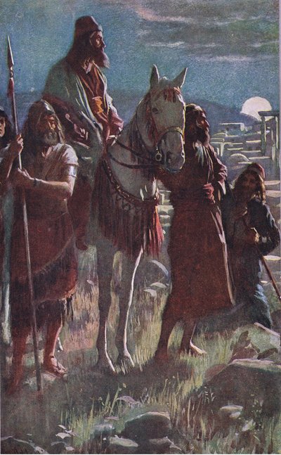 Pesquisa da meia-noite de Neemias, ilustração das imagens que ensinam a série da coroa, 1920 de Harold Copping