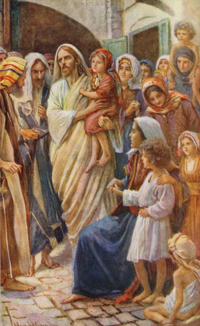 Novo Testamento: As criancinhas (litografia a cores) de Harold Copping