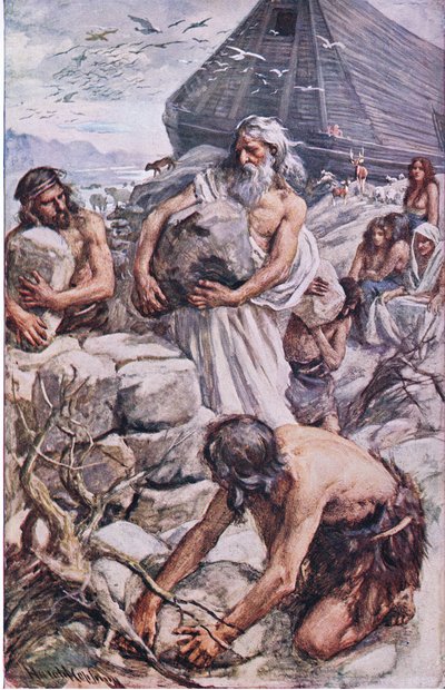Noé construindo seu altar, ilustração de imagens que ensinam a série de coroa, 1920 de Harold Copping