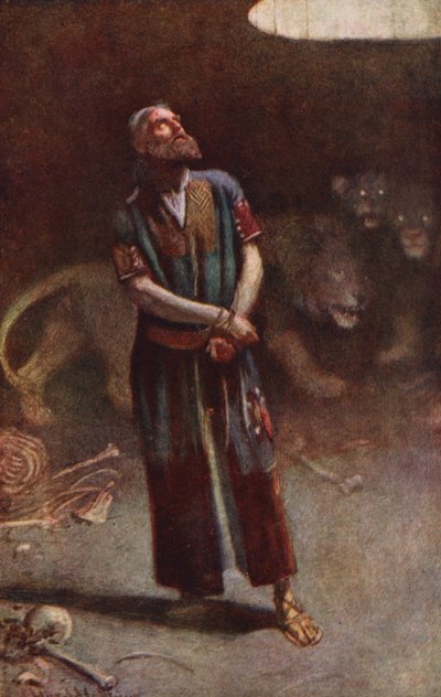 Antigo Testamento: Daniel na cova dos leões (litografia a cores) de Harold Copping