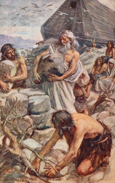 Antigo Testamento: Noé a construir o seu altar (litografia a cores) de Harold Copping