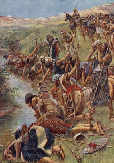 Antigo Testamento: Os homens que lambiam (litografia a cores) de Harold Copping