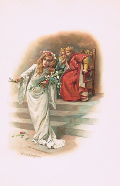 Ophelia com o rei e a rainha, ilustração de Hamlet de Harold Copping
