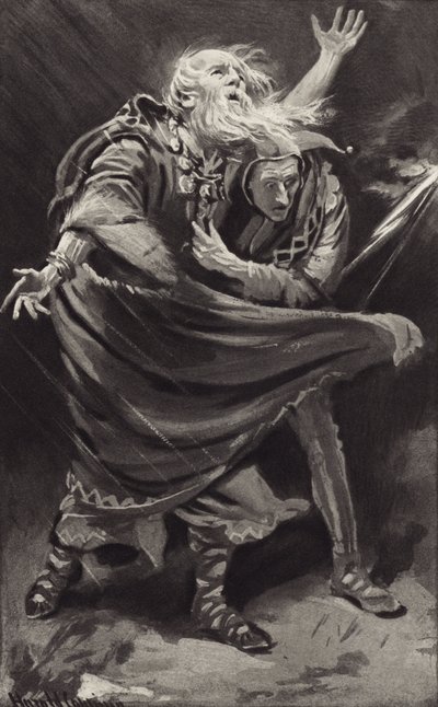 Em uma charneca, exposta à fúria da tempestade em uma noite escura, o rei Lear saiu de Harold Copping