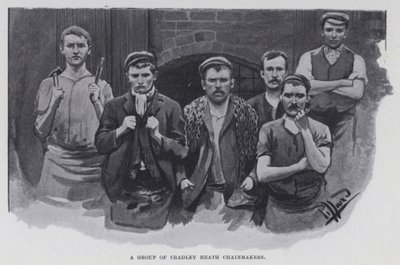 Um grupo de Cradley Heath Chainmakers (foto a p/b) de Harold Hume Piffard