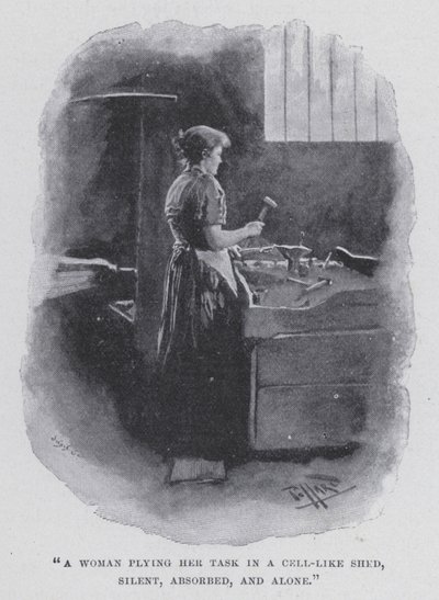 "Uma mulher a fazer a sua tarefa num barracão de celas, silenciosa, absorvida e sozinha" (foto a p/b) de Harold Hume Piffard