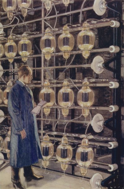 Válvulas termiônicas na estação de telegrafia sem fio Marconi em Cefn Du, perto de Caernarfon, País de Gales (cor litho) de Harold Robert Millar