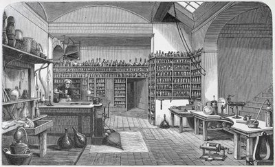 Michael Faraday (1791-1867) em seu laboratório do porão, de "A Vida e as Cartas de Faraday", de Henry Bence Jones, publicado em 1870, 1869 de Harriet Jane Moore