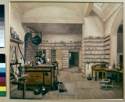 Michael Faraday a trabalhar no seu laboratório no Instituto Real de Harriet Jane Moore