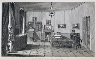 O estudo de Michael Faraday no segundo andar da Royal Institution, de The Life and Letters of Faraday, de Henry Bence Jones, publicado em 1870, 1869 (ver 137594) de Harriet Jane Moore