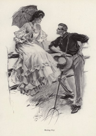 Um agricultor faz uma pausa no seu trabalho para flertar com uma jovem mulher (litho) de Harrison Fisher