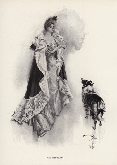 Uma jovem que sai à noite e pede ao seu cão que obedeça às instruções (litho) de Harrison Fisher