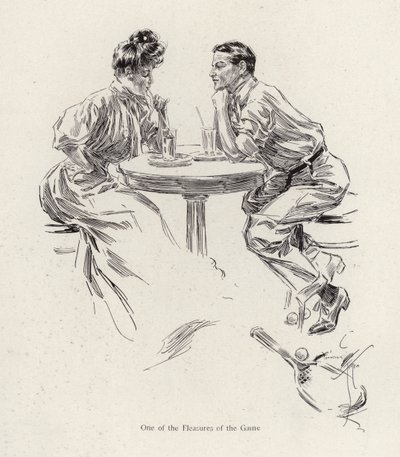 Casal tomando uma bebida depois de um jogo de tênis (cor litho) de Harrison Fisher