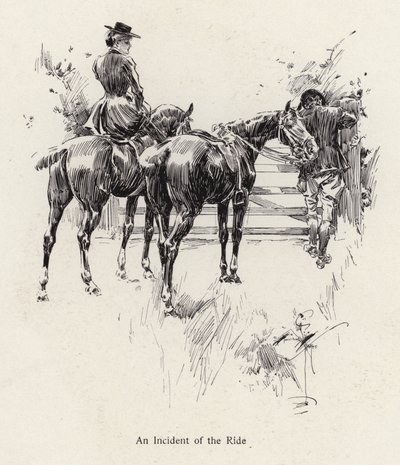 Cavaleiros que fazem uma pausa para abrir um portão (litho) de Harrison Fisher