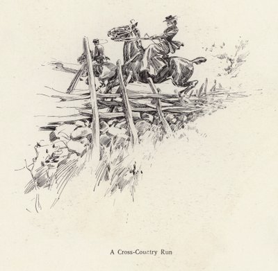 Homem e mulher a cavalo durante uma corrida de corta-mato (litho) de Harrison Fisher