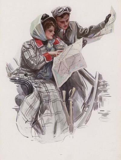 Homem e mulher lendo um mapa em um carro (cor litho) de Harrison Fisher