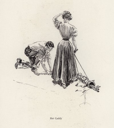 Homem a fazer caddying para uma mulher no campo de golfe (litho) de Harrison Fisher