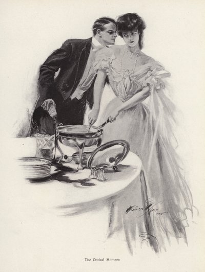 Homem flertando com uma mulher sobre a mesa de jantar (litho) de Harrison Fisher