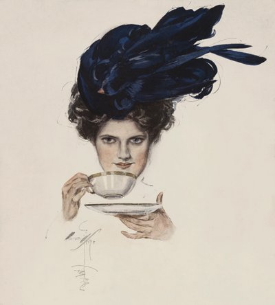 Retrato de uma mulher com um chapéu de fantasia bebendo chá (cor litho) de Harrison Fisher