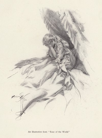 Rosamond English, uma personagem de Rose of the World, um romance de Egerton Castle (litho) de Harrison Fisher