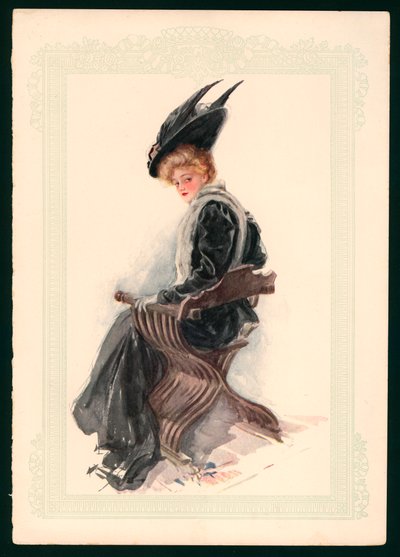 Rapariga sentada com um vestido preto e chapéu (litografia a cores) de Harrison Fisher