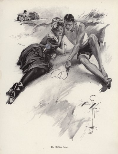 Dois amantes desenham corações na areia da praia (litho) de Harrison Fisher