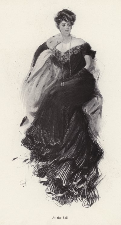 Mulher com um vestido de noite num baile (litho) de Harrison Fisher