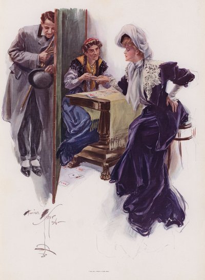 Jovem mulher tendo o seu futuro contado por uma cigana (cor litho) de Harrison Fisher