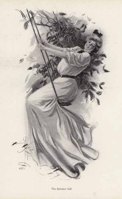 Jovem mulher num baloiço (litho) de Harrison Fisher