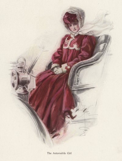 Jovem mulher sentada num carro (cor litho) de Harrison Fisher