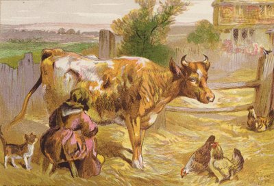 A velha Nancy a ordenhar a vaca (litografia a cores) de Harrison William Weir