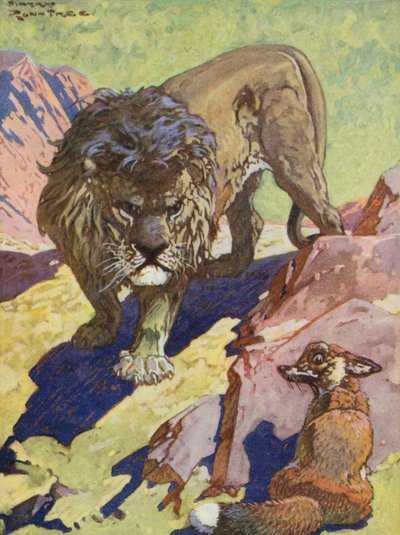 Fábulas de Esopo: A Raposa e o Leão (litografia a cores) de Harry (1878 1950) Rountree