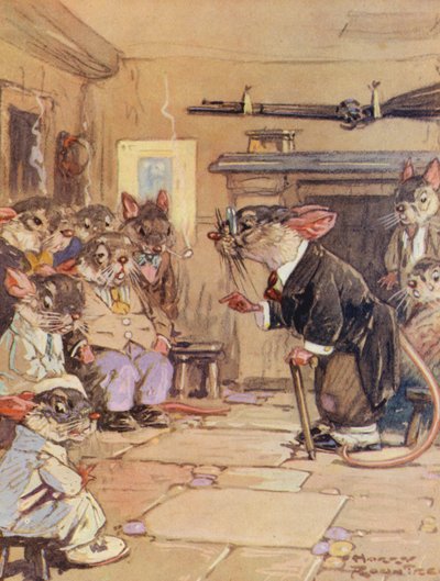 Fábulas de Esopo: Os Ratos em Conselho (litografia a cores) de Harry (1878-1950) Rountree